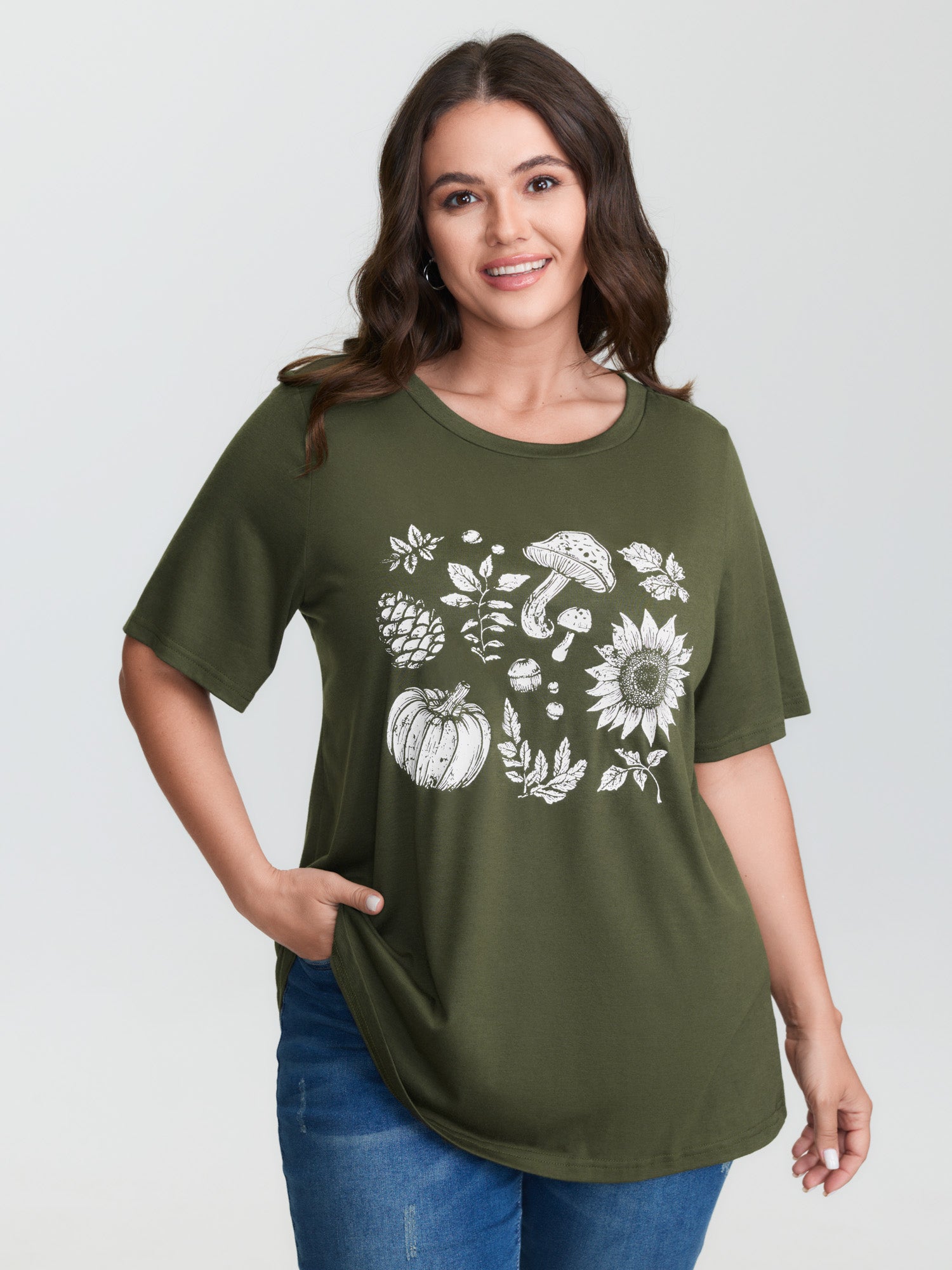 Stretchy Plant Print Round Neck T-Shirt