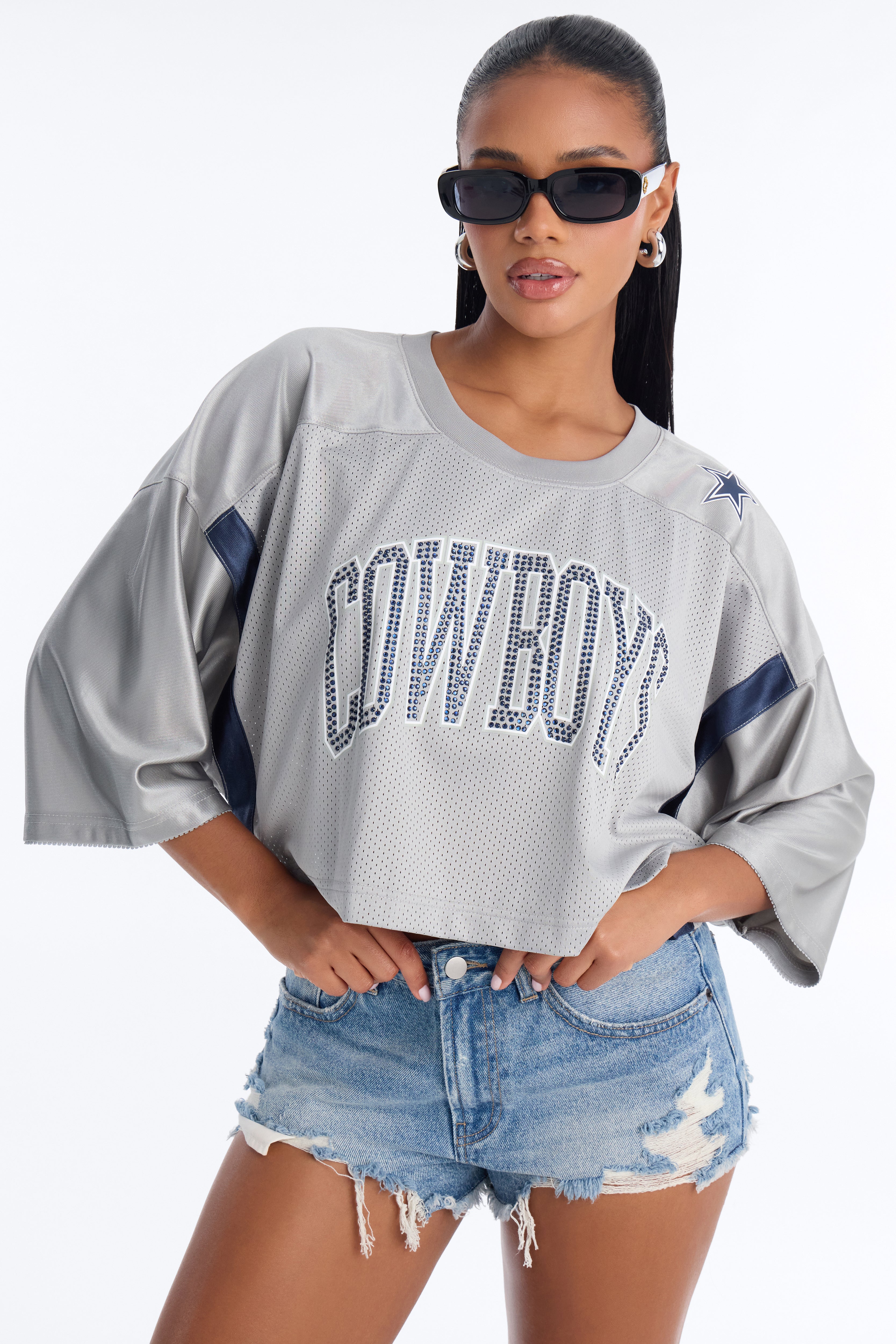 NFL Cowboys Rhinestone Cropped Top - Grey