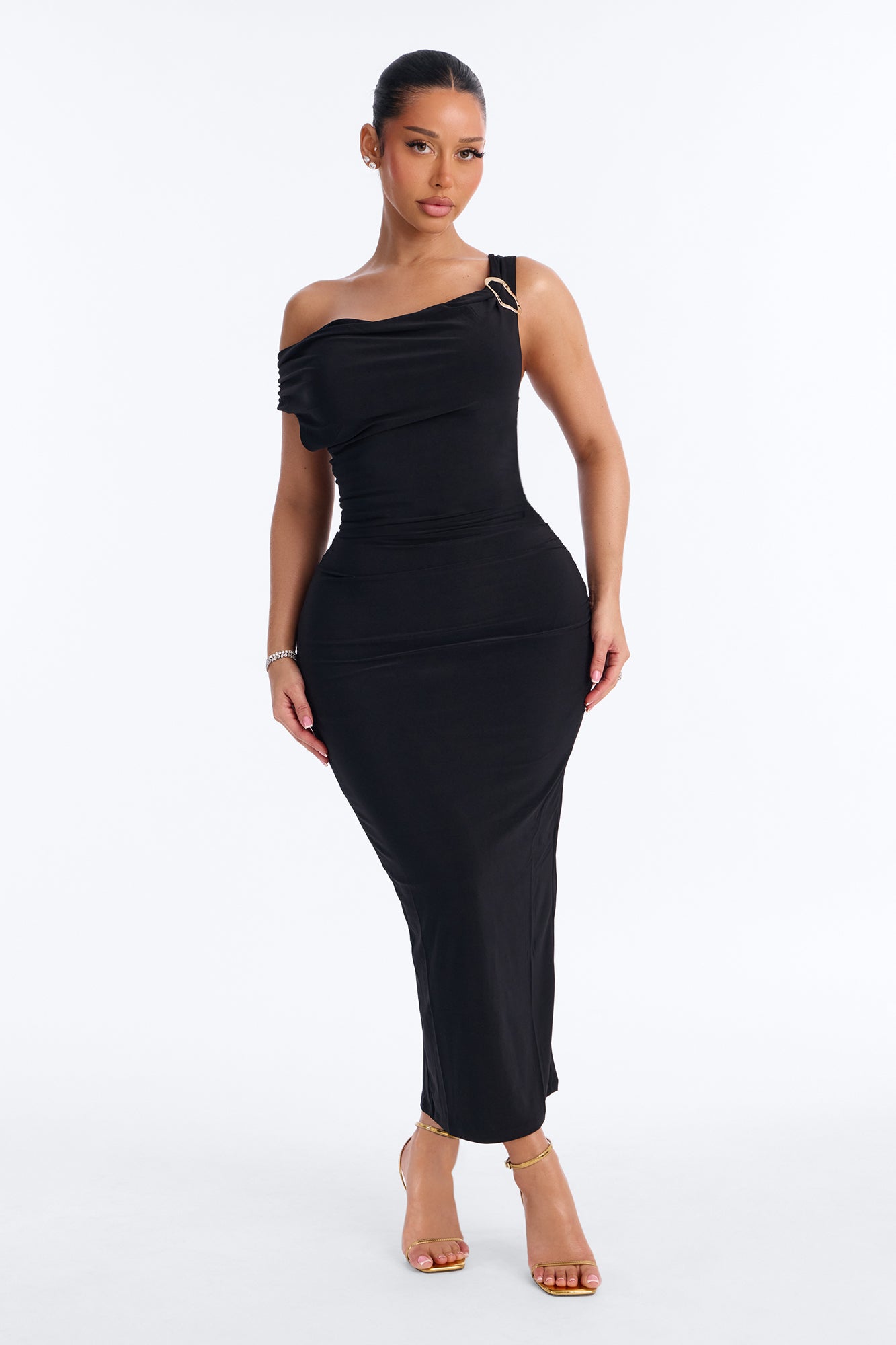 Trouble In Heels Cowl Midi Dress - Black