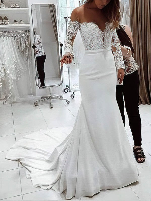 Beautiful Trumpet V-Neck Long Sleeves Off-The-Shoulder Lace Chiffon Chapel Train Wedding Dresses