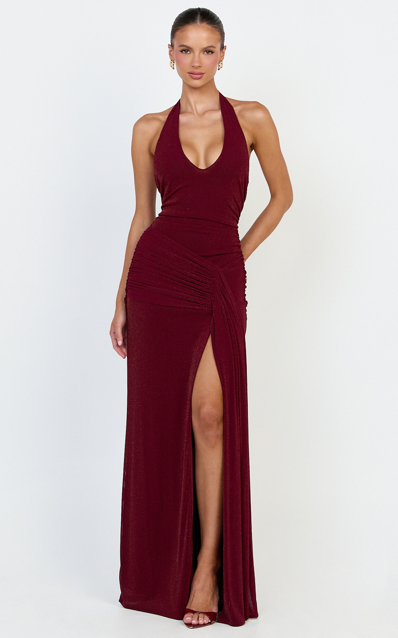 Coraline Maxi Dress - Plunge Neckline Lurex Mesh Halter Dress in Wine