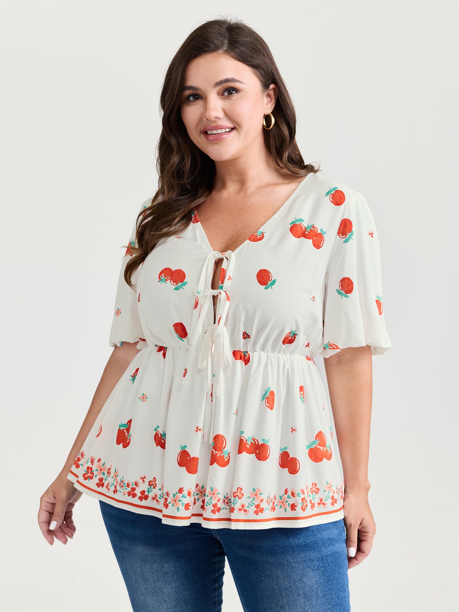 Fresh Tomato Print Triple Tie Front Blouse