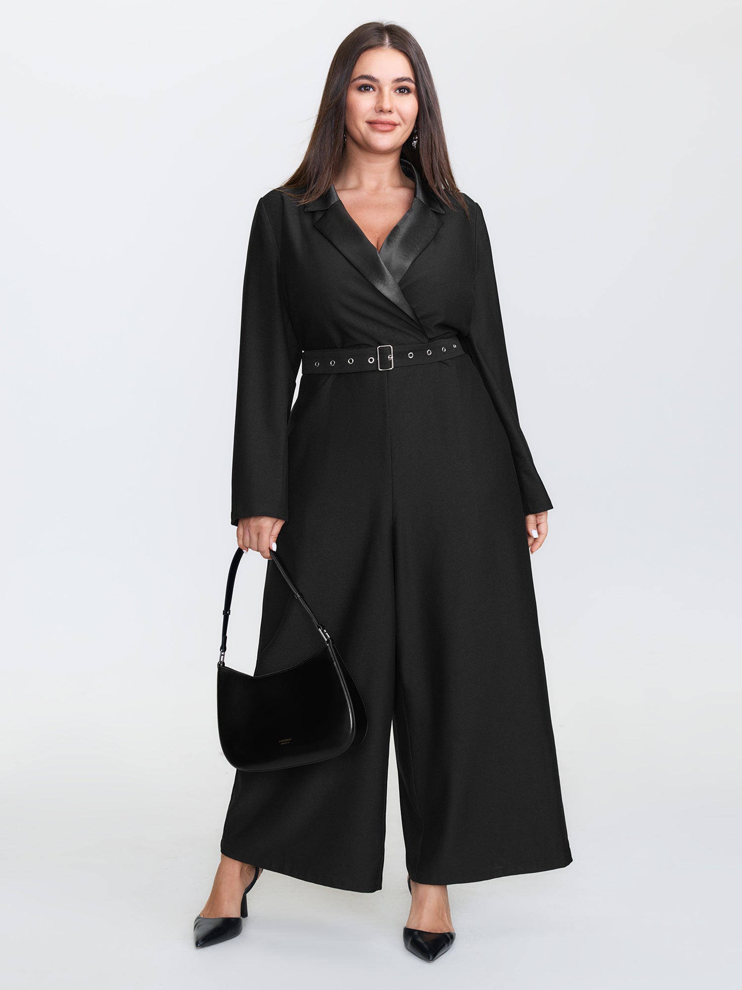 Belted Contrast Collar Plain Jumpsuit