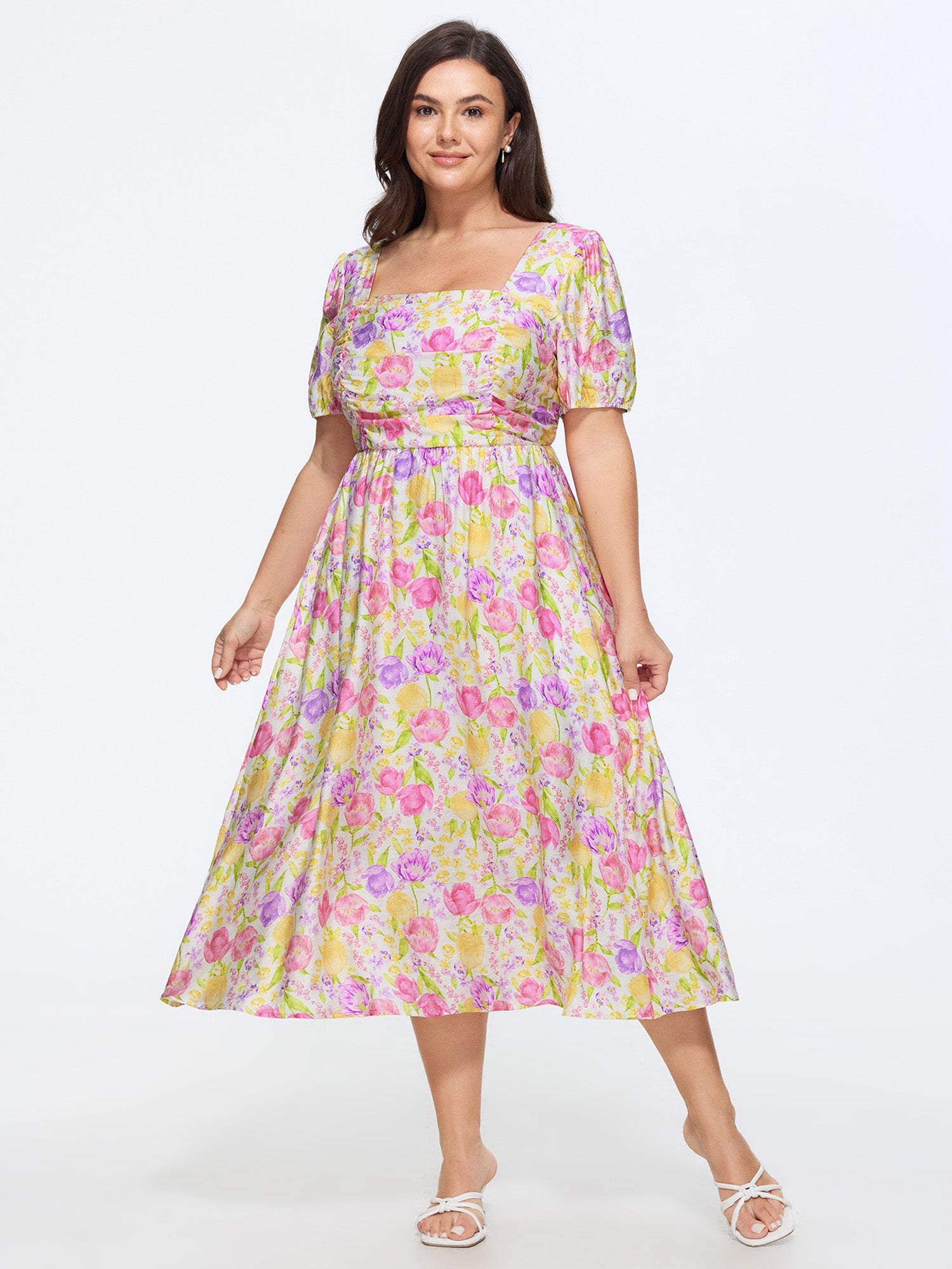 Supersoft Floral Print Pleated Bodice Square Neckline Midi Dress