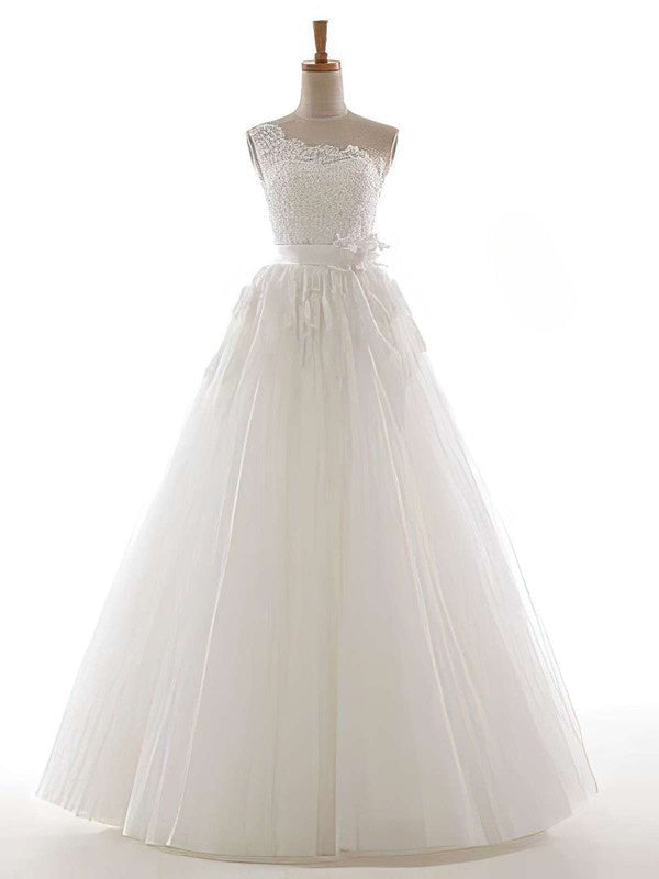 Beautiful One Shoulder Sleeveless Tulle lace Ball Gown Wedding Dresses with Ribbon