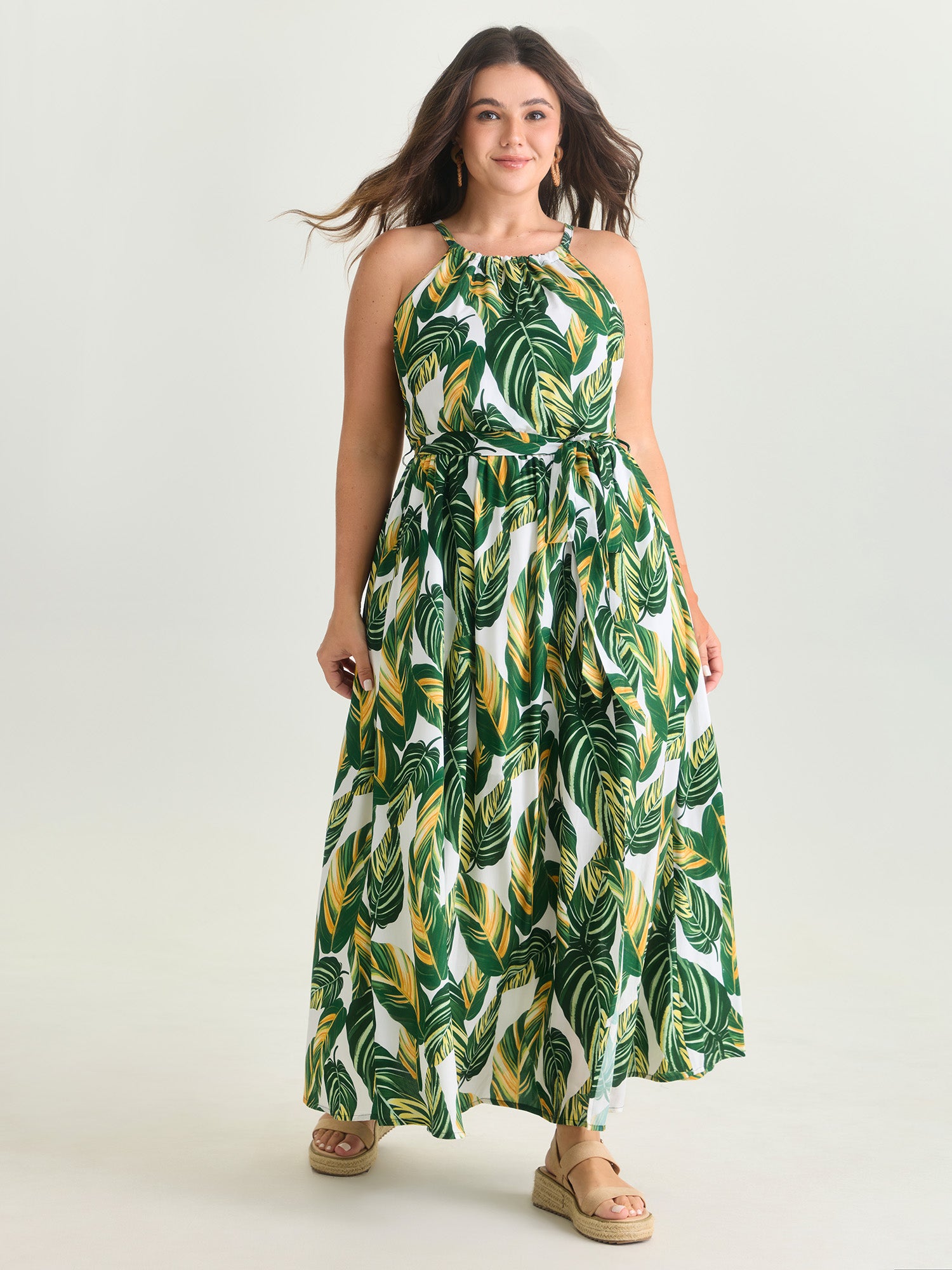 Breezy Tropical Print Halter Neckline Maxi Dress
