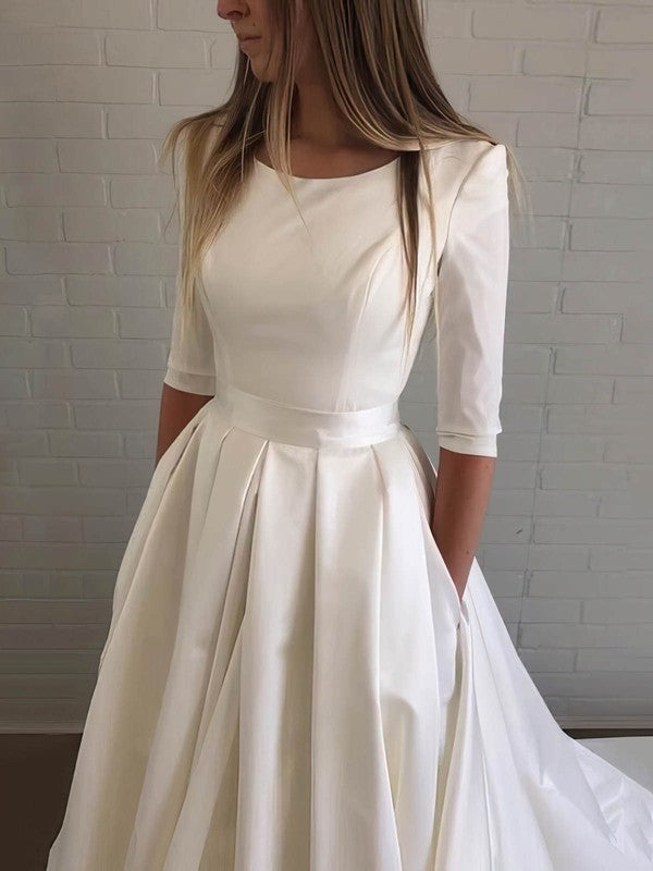 Fashionable Half Sleeves Jewel Neck Satin Court Train Wedding Dresses with Pockets