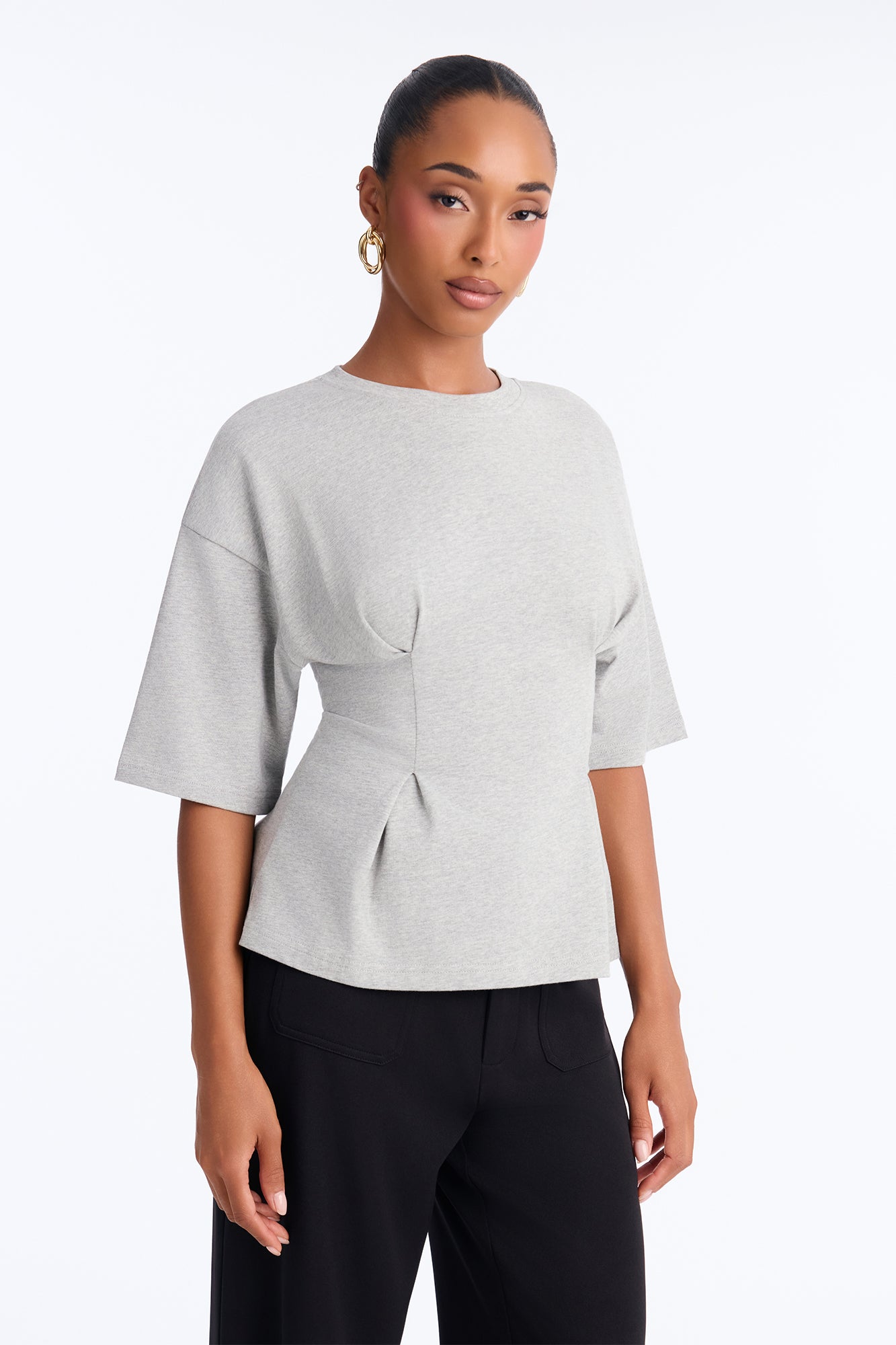 Jordan Pleated Cinched Waist Short Sleeve T-Shirt - Heather Grey