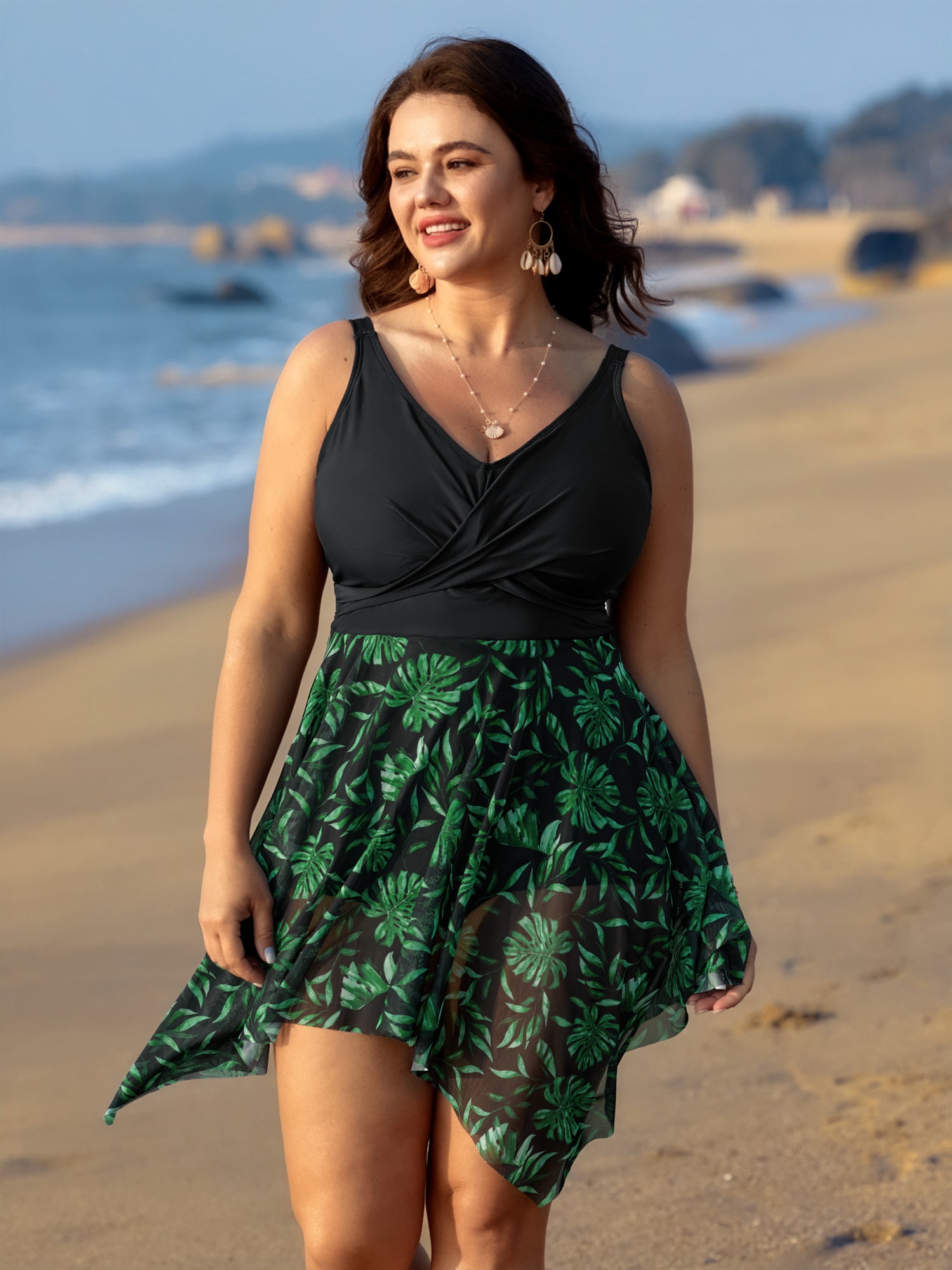 Tropical Mesh Color Contrast Swim Dress