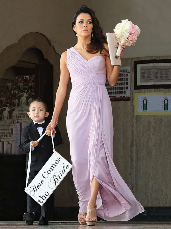 Beautiful Sheath One-Shoulder Chiffon Floor-Length Split Front Bridesmaid Dresses