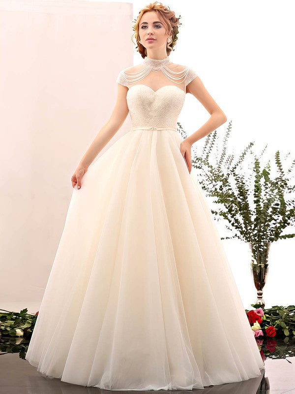Elegant Capped High Neck Tulle Ball Gown Wedding Dresses with Beading