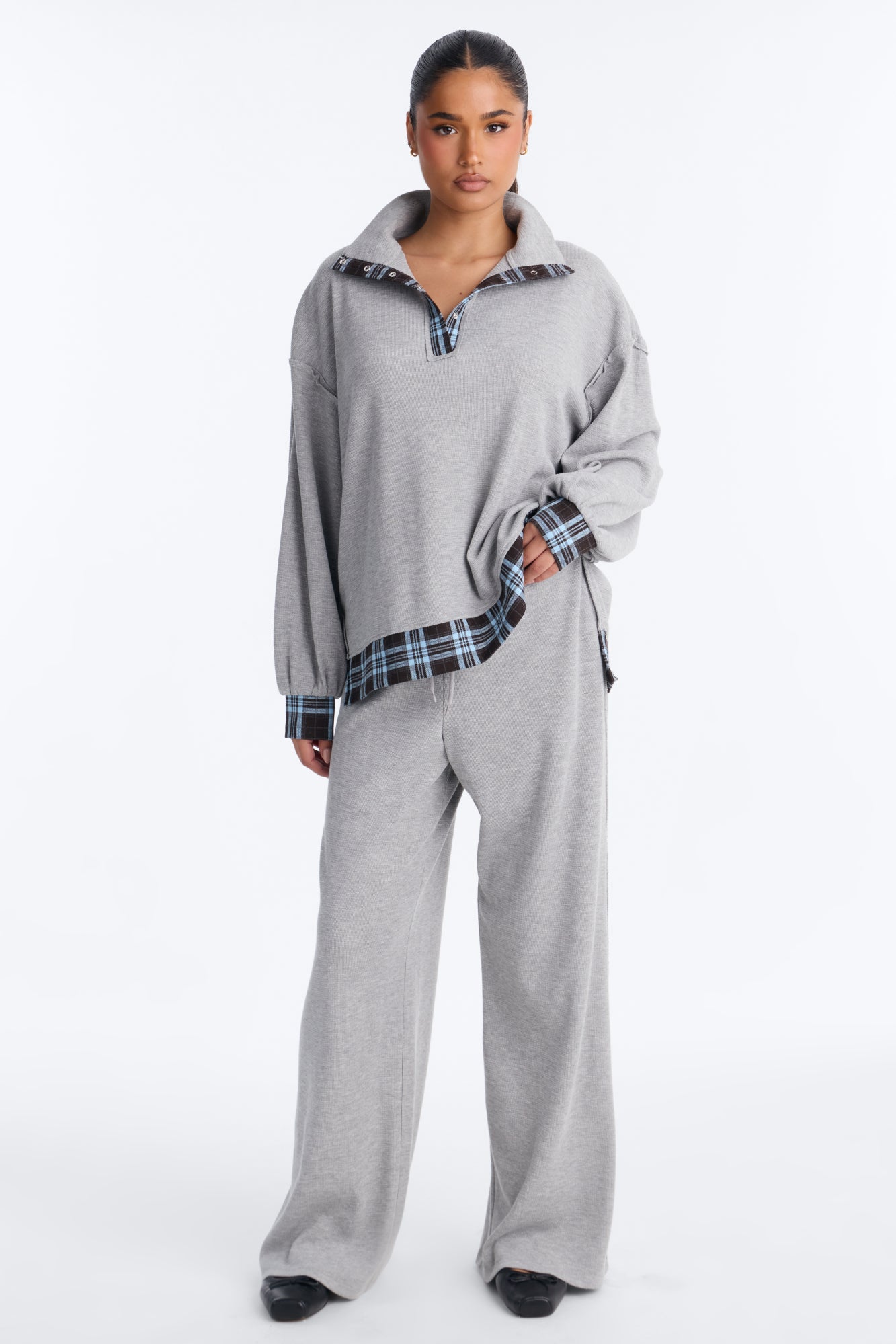 Lara Waffle Knit Pant Set - Grey/combo