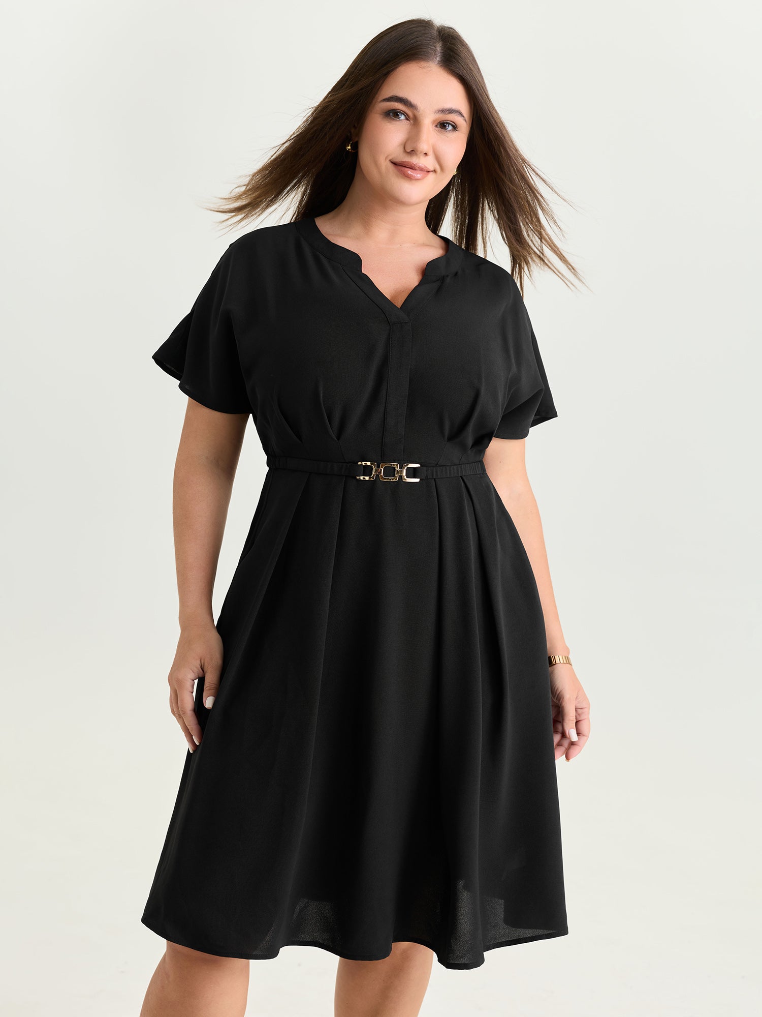 Pleated Belted Detail Pockets Midi Dress