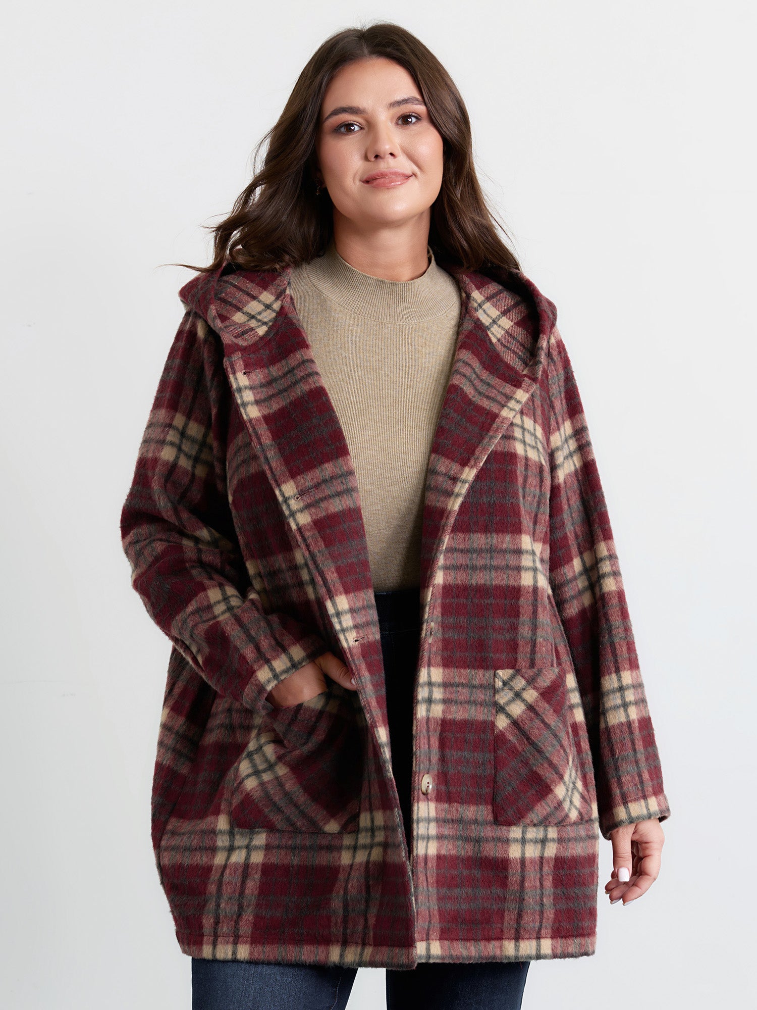 Plaid Fleece Hooded Button Coat