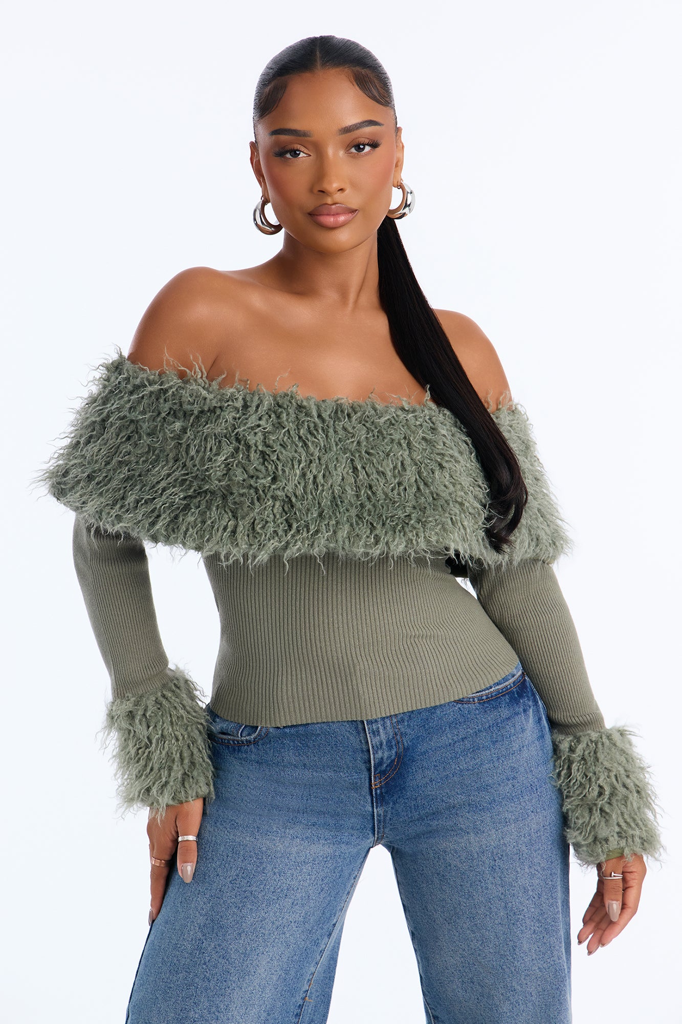 Shaggy Faux Fur Off Shoulder Sweater - Olive
