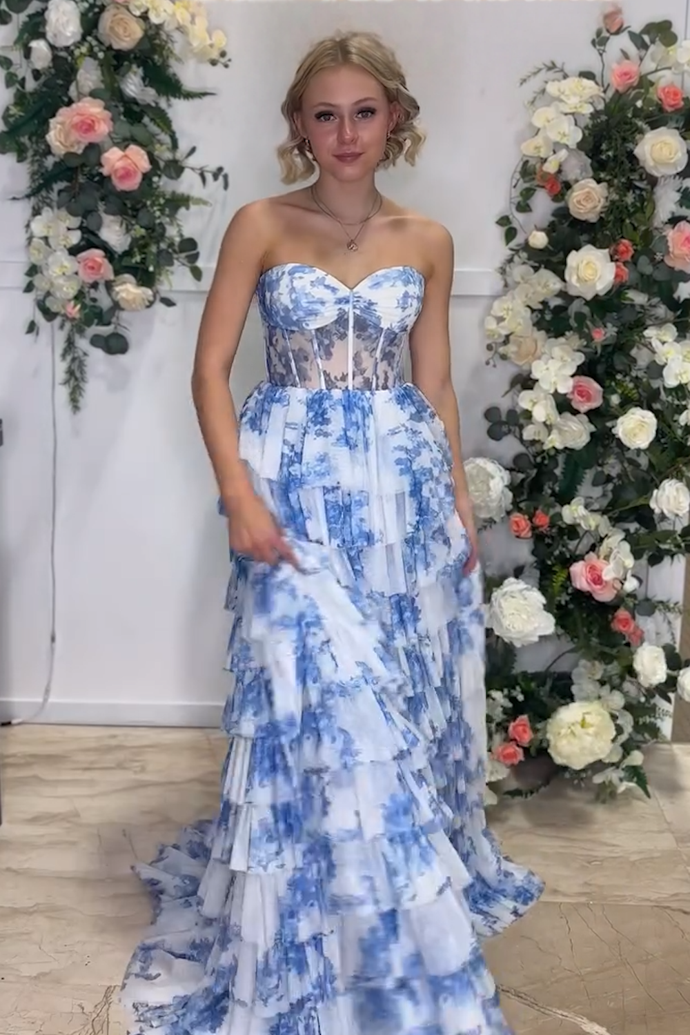 Sweetheart A-Line Corset Prom Dress in Blue Floral Printed Chiffon with Tiered Design