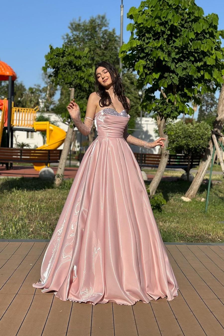 Strapless Beading A Line Long Formal Dress With Detachable Sleeves