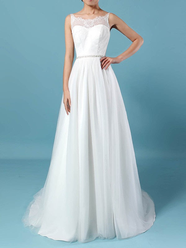 Fabulous A-Line Sleeveless Lace Tulle Sweep Train Wedding Dresses with Sash
