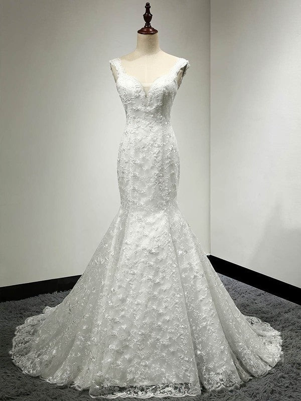 Gorgeous V-Neck Lace Trumpet Backless Wedding Dresses with Sweep Train