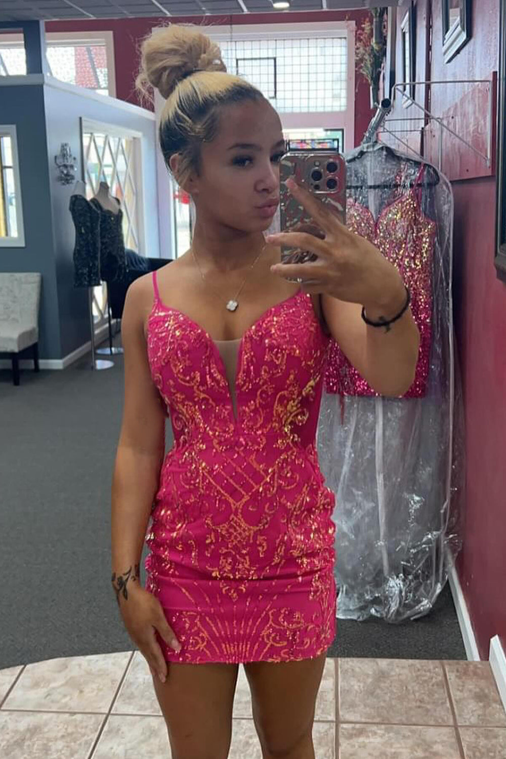 Sparkly Fuchsia Lace Up Back Tight Short Homecoming Dress/Mini Dress with Sequins