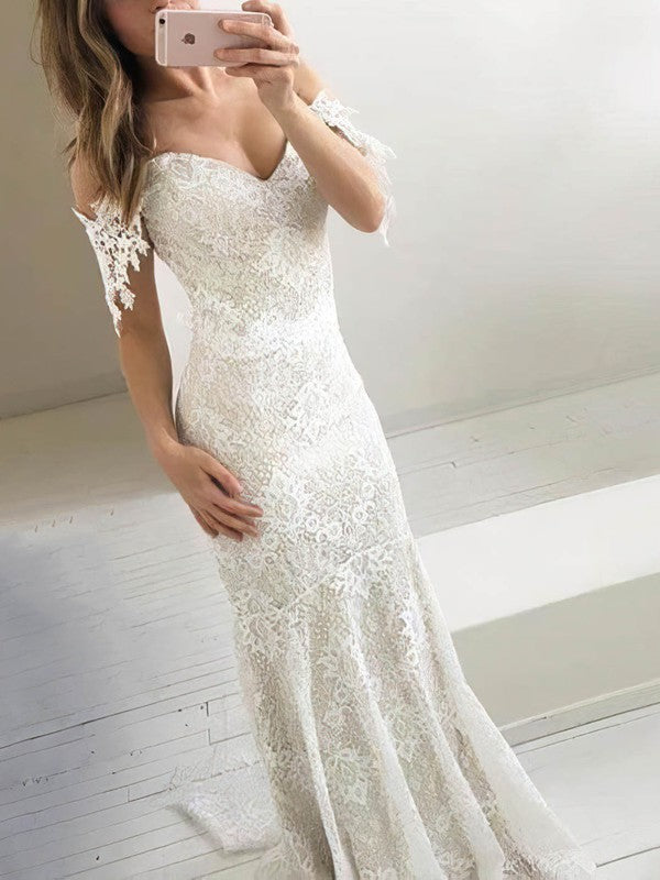 Gorgeous Mermaid V-Neck Off-The-Shoulder Lace Sweep Train Wedding Dresses