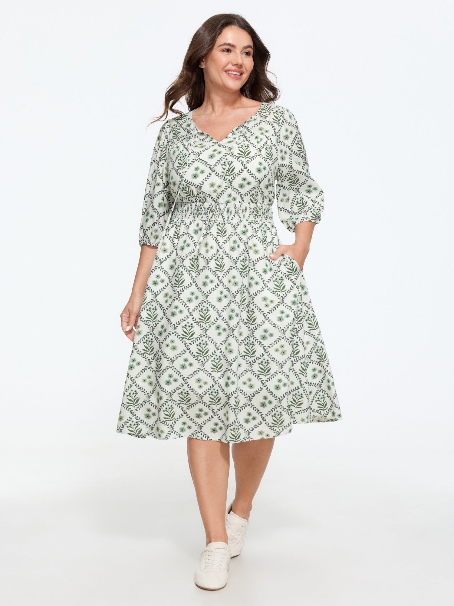 Supersoft Floral Print Tie Neck Shirred Waist Midi Dress