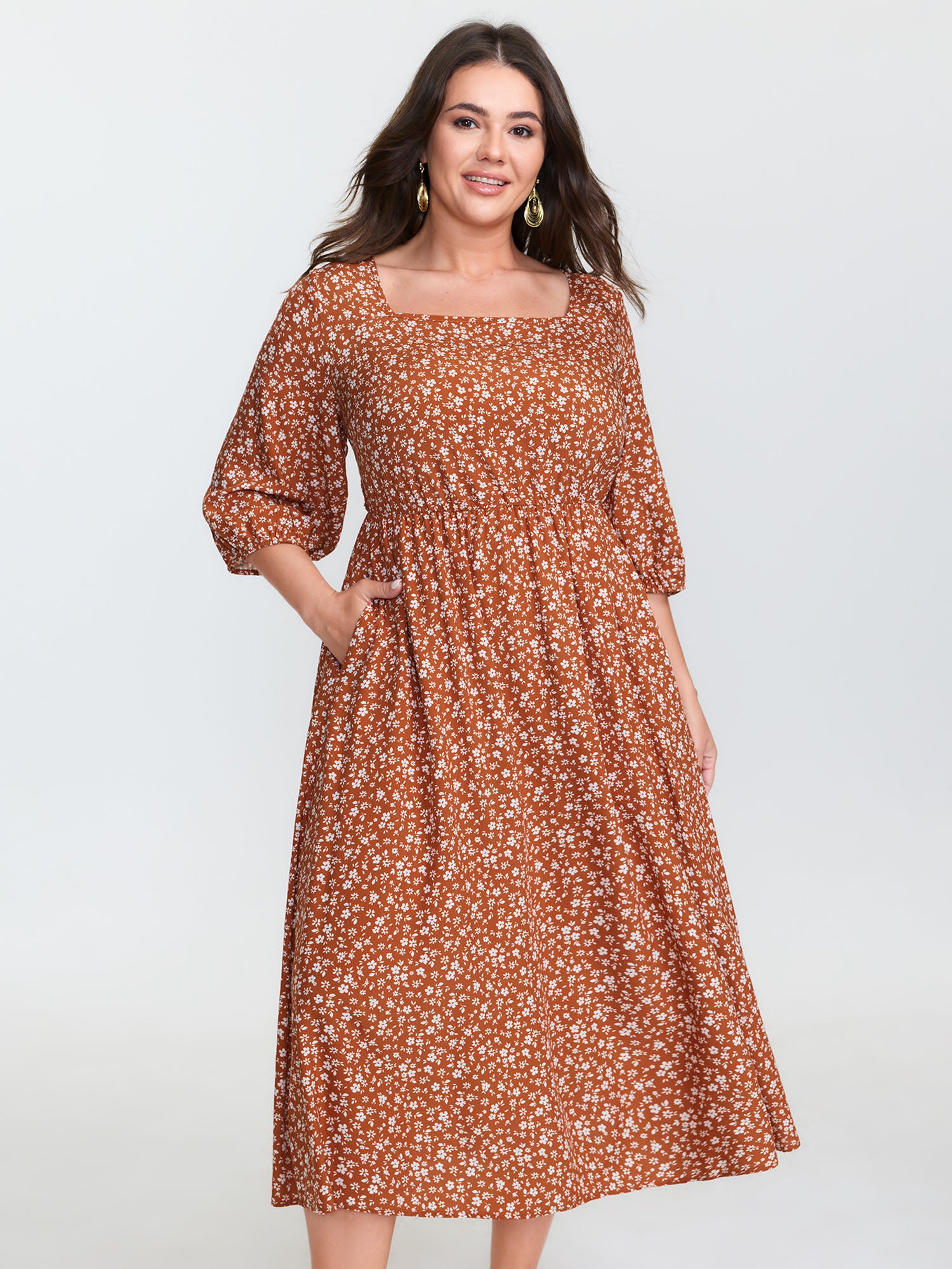 Floral Bow Back Square Neckline Midi Dress