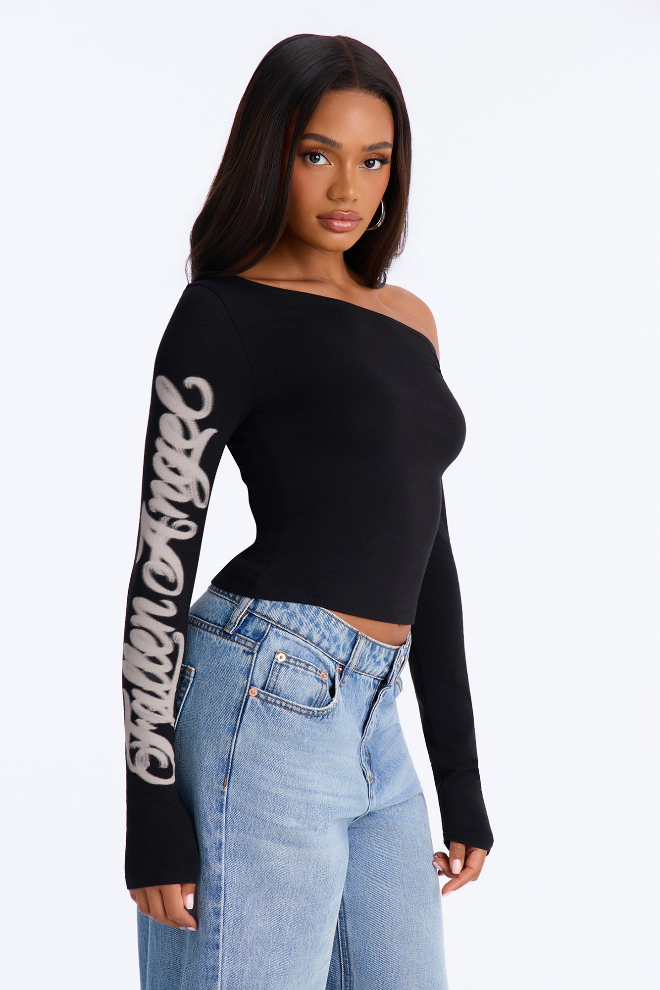 Fallen Angel Script Off Shoulder Top - Black