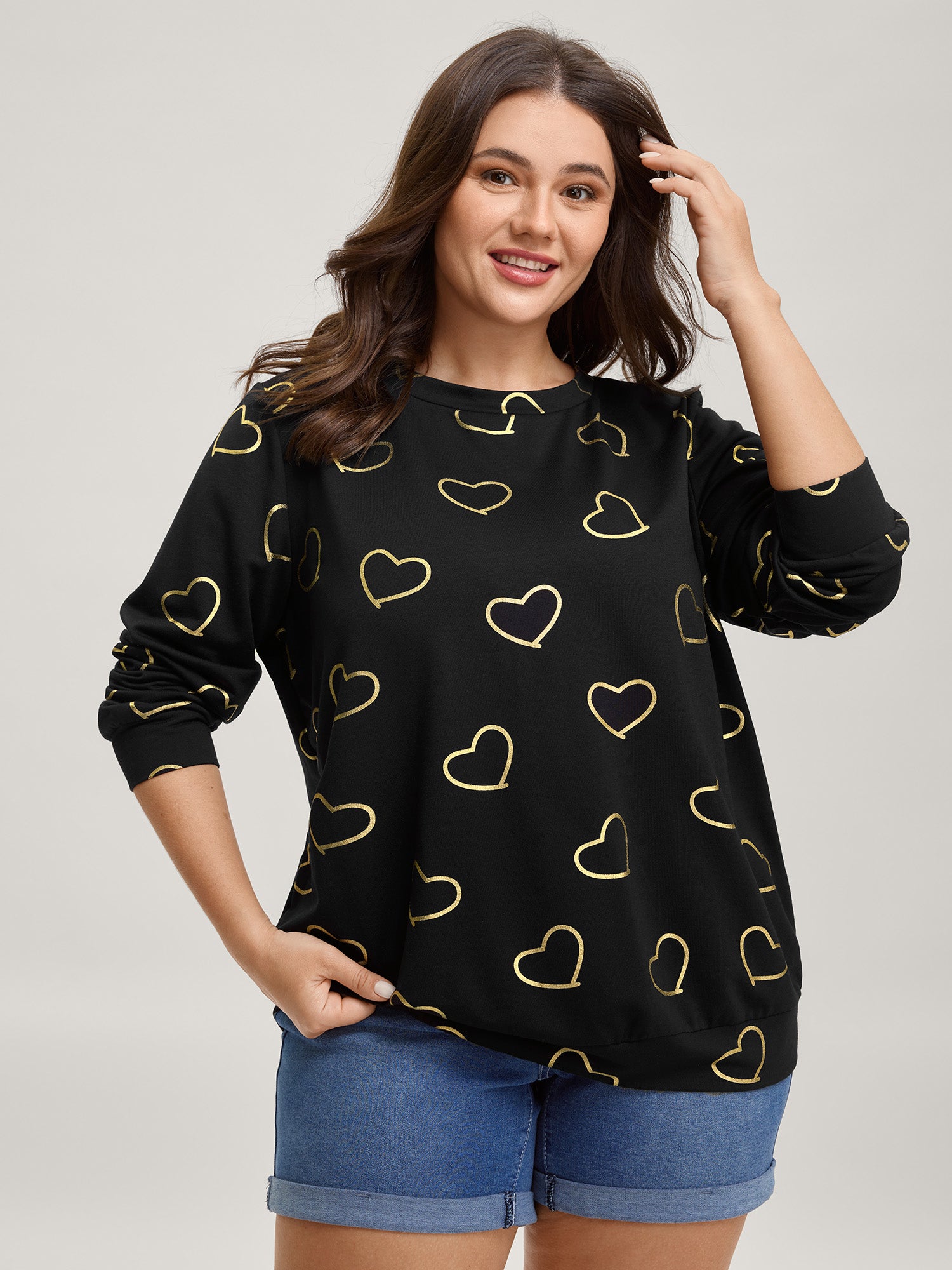 Glitter Hearts Print Stretchy Sweatshirt