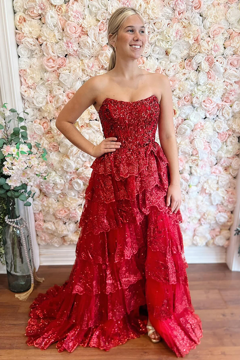 Long Strapless Red Sequin Corset Prom Dress with Tiered Tulle and Slit