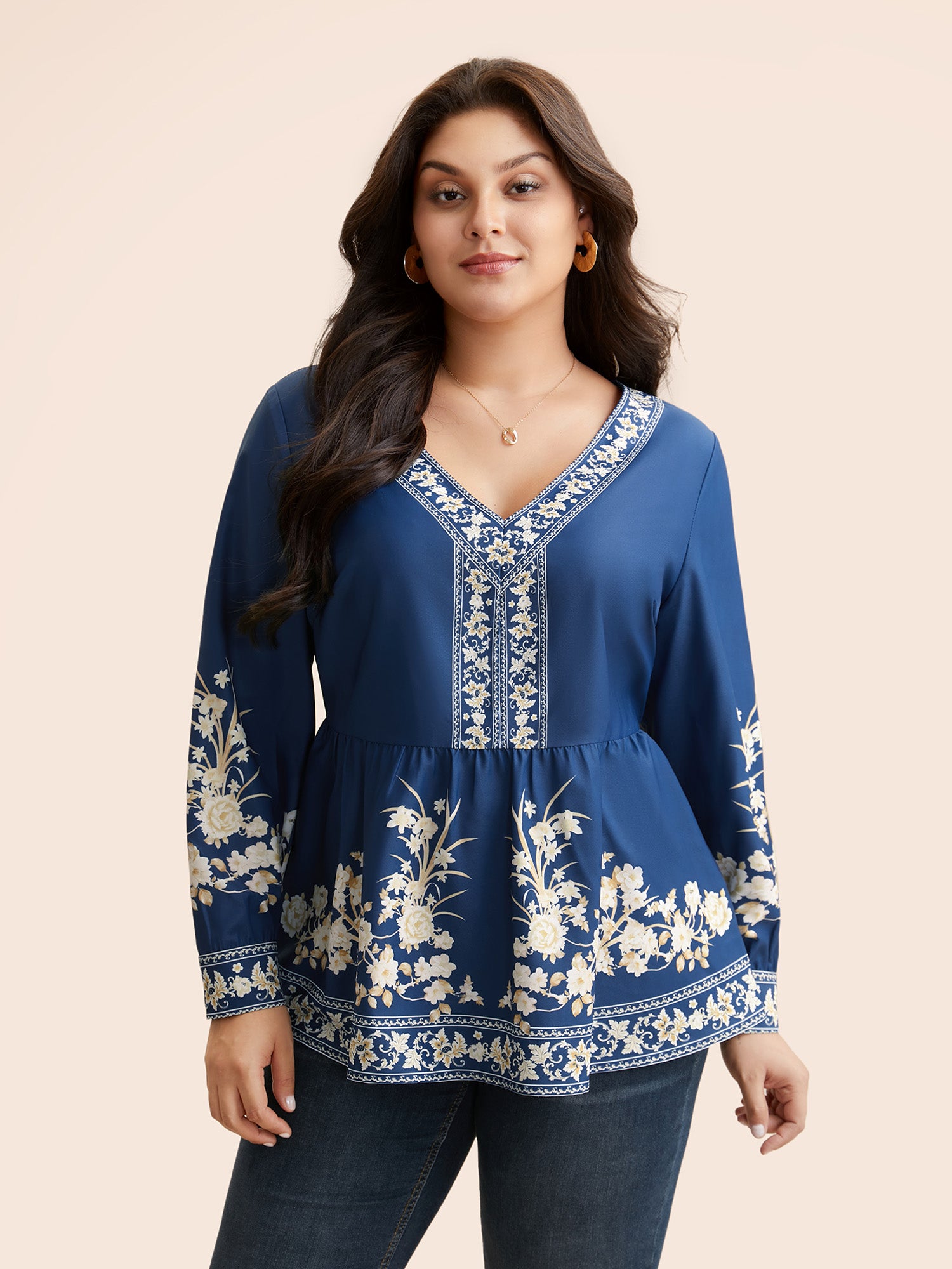 Boho Print Elastic Waist Gathered Blouse