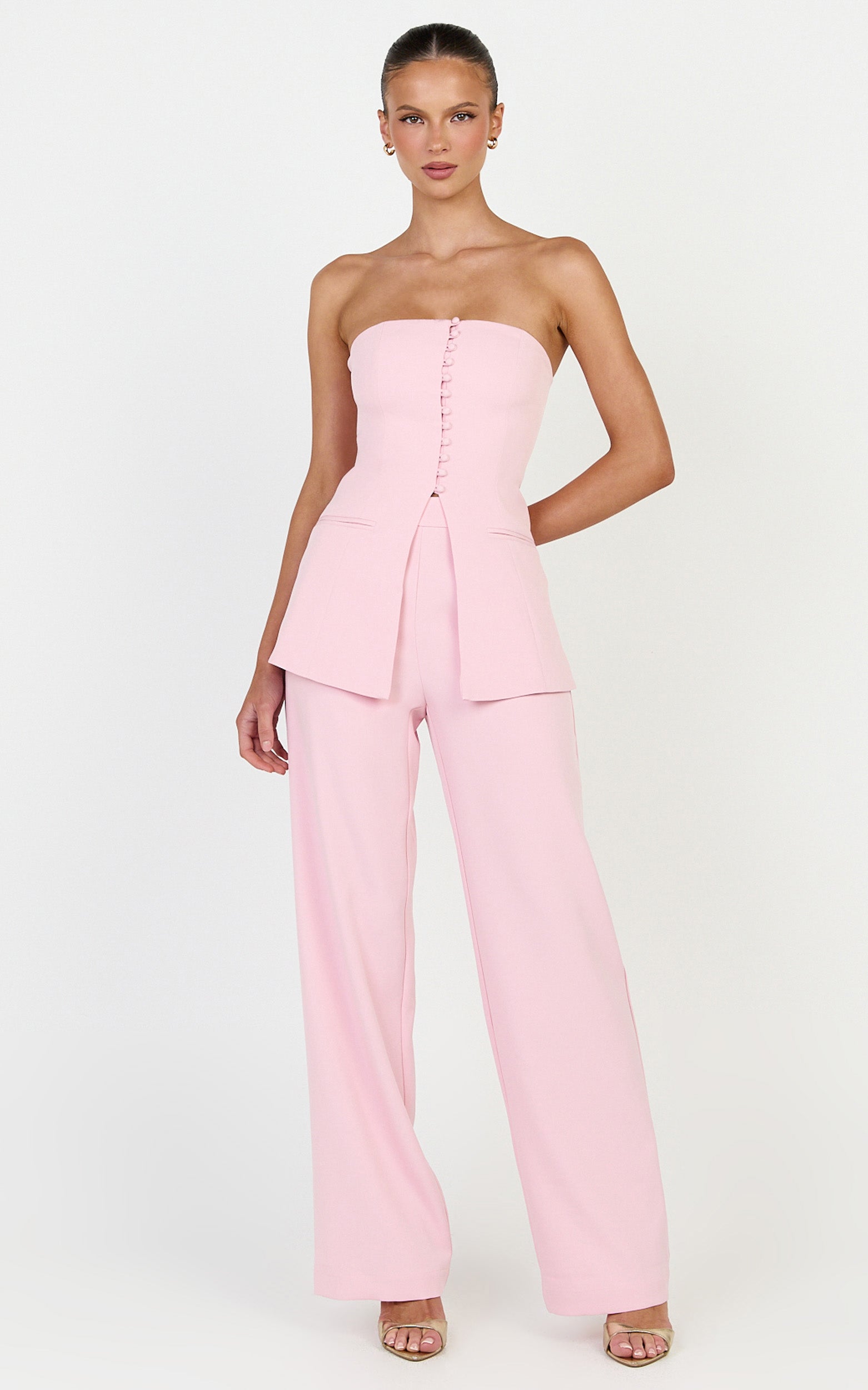 Amelia Two Piece Top and Pant Set - Strapless Button Down Top And Tailored Wide Leg Pants Set in Pink