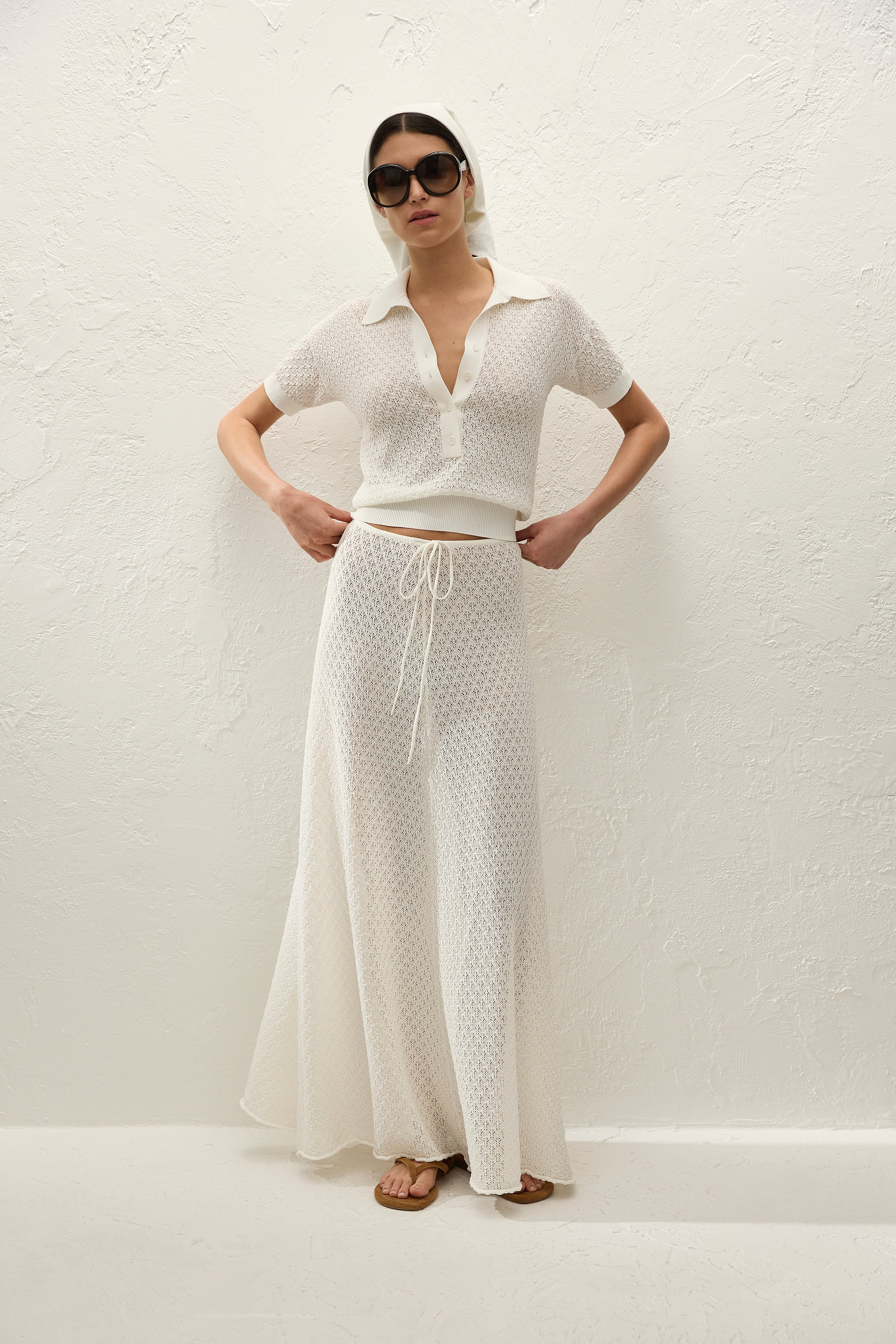 Lenna Polo Top Pointelle Lace Vintage White - Final Sale