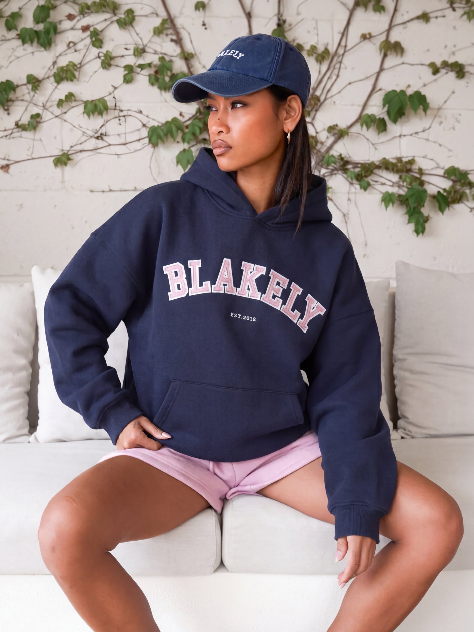 Varsity Oversized Hoodie - True Navy & Vintage Pink