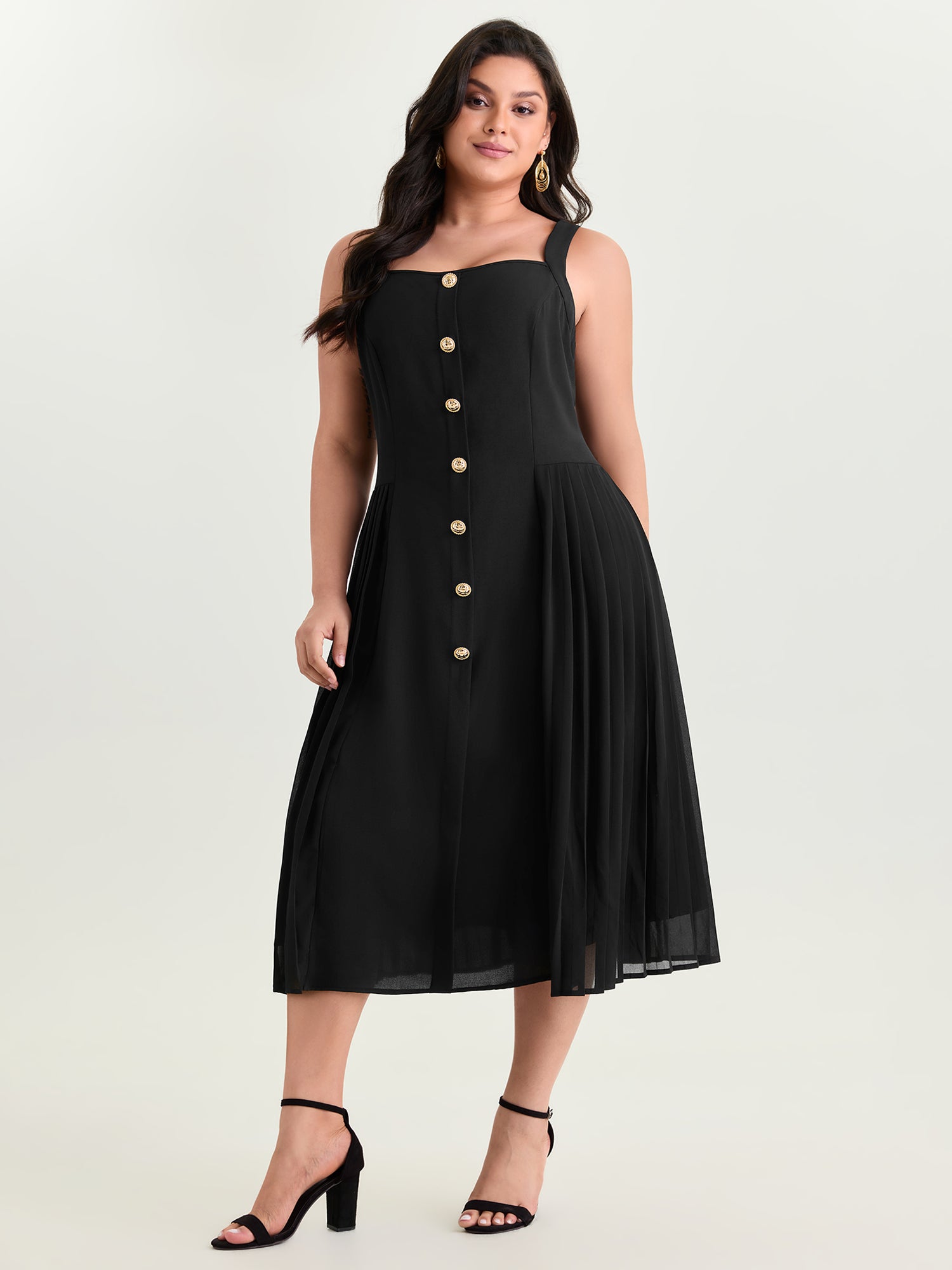 Button Detail Pleated Waist Midi Dress
