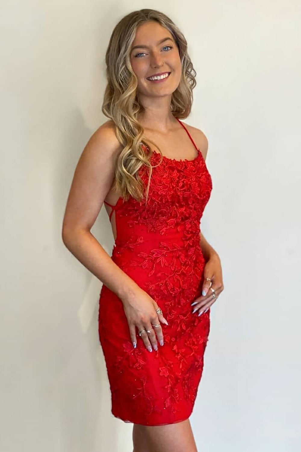 Sheath Spaghetti Straps Red Short Homecoming Dress/Mini Dress with Appliques