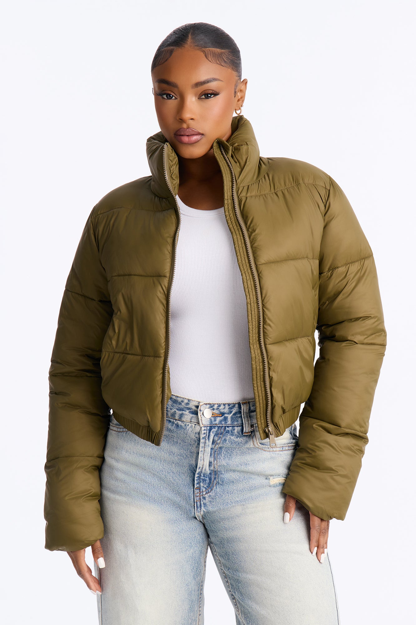 Up And About Funnel Neck Puffer Coat - Olive