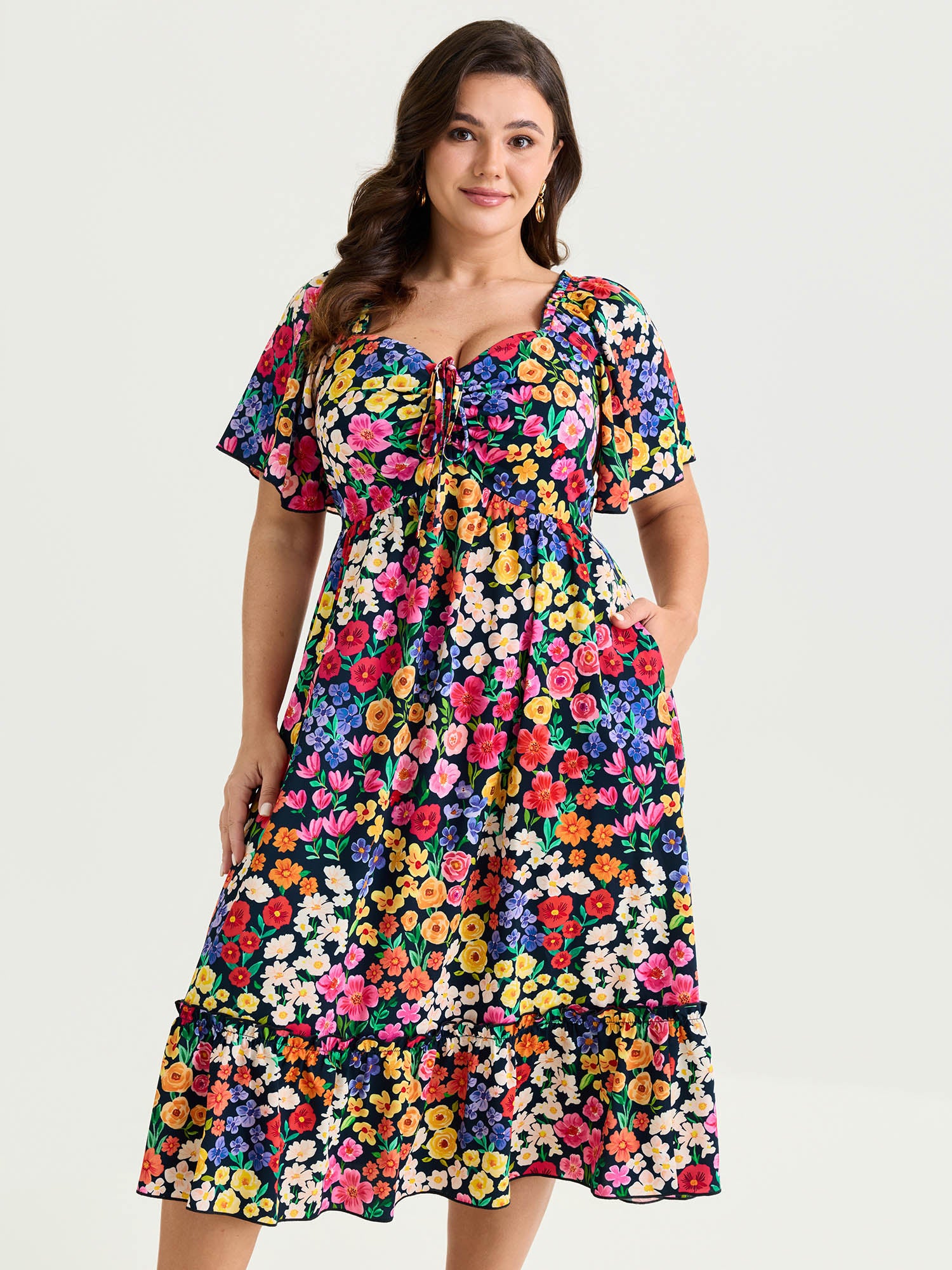 Vibrant Floral Print Ruched Bodice Midi Dress