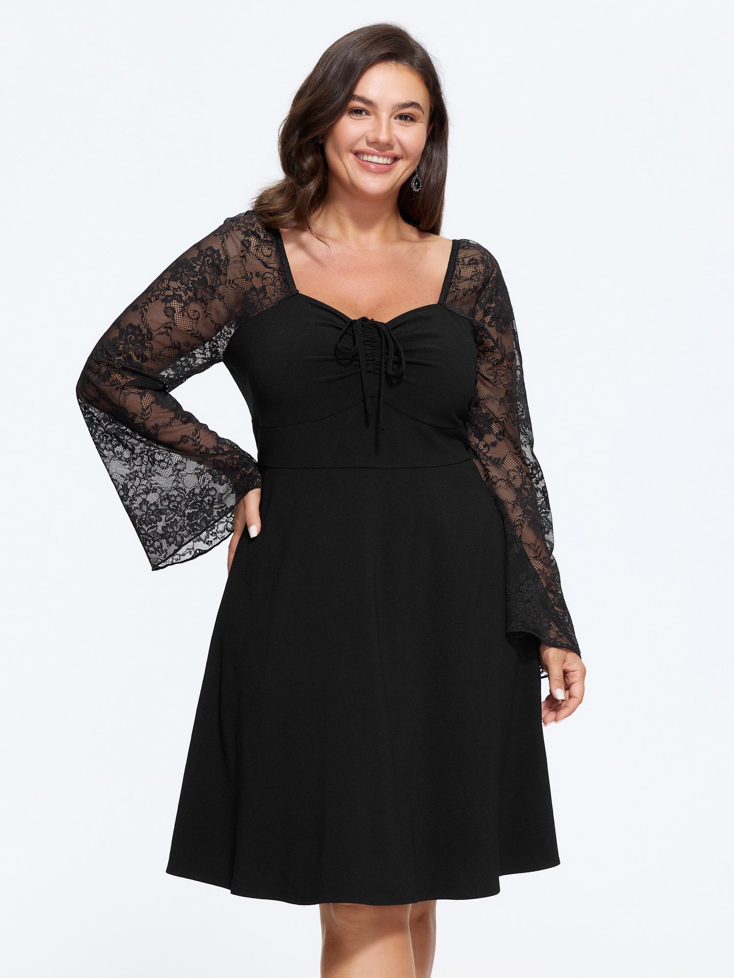 Sweetheart Neck Lace Sleeve Drawstring Mini Dress