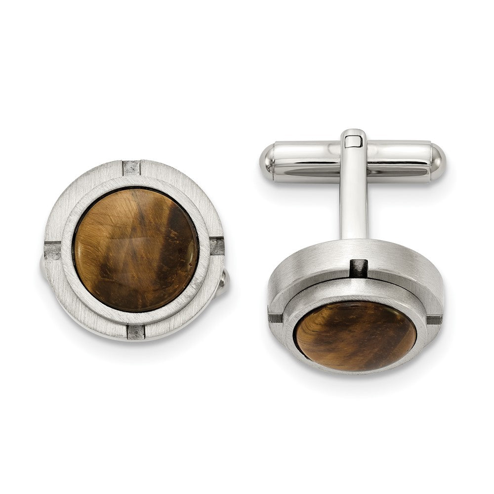 Stainless Steel & Brown Tiger's Eye Brushed Round Cuff Links, 16mm