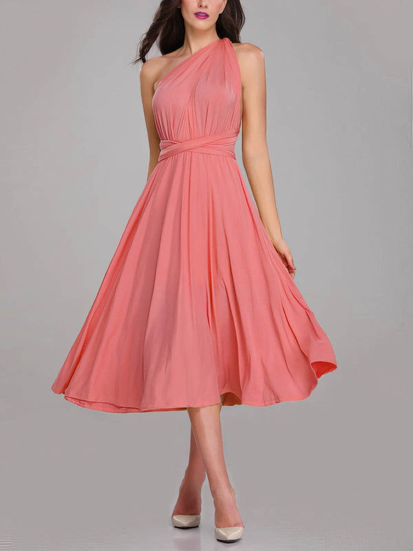 Chic Tea-Length A-Line One Shoulder Sleeveless Bridesmaid Dresses