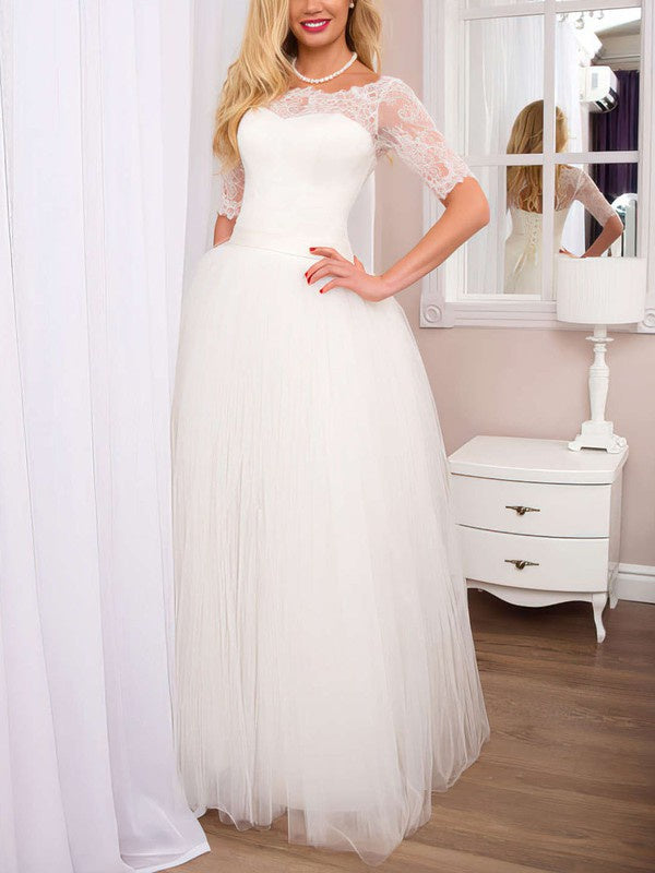 Exquisite 3/4 Long Sleeves Ball Gown Tulle Lace Floor-Length Wedding Dresses