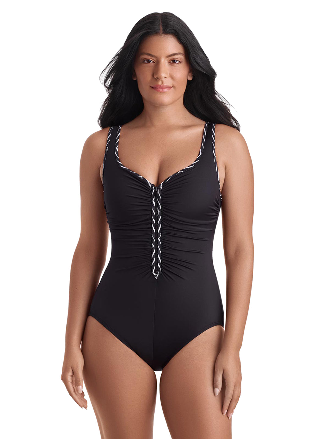 Shape Solver SPORT Shape Solver Sport Women's In Graphic Details Shirred Zipper Tank One Piece Swimsuit