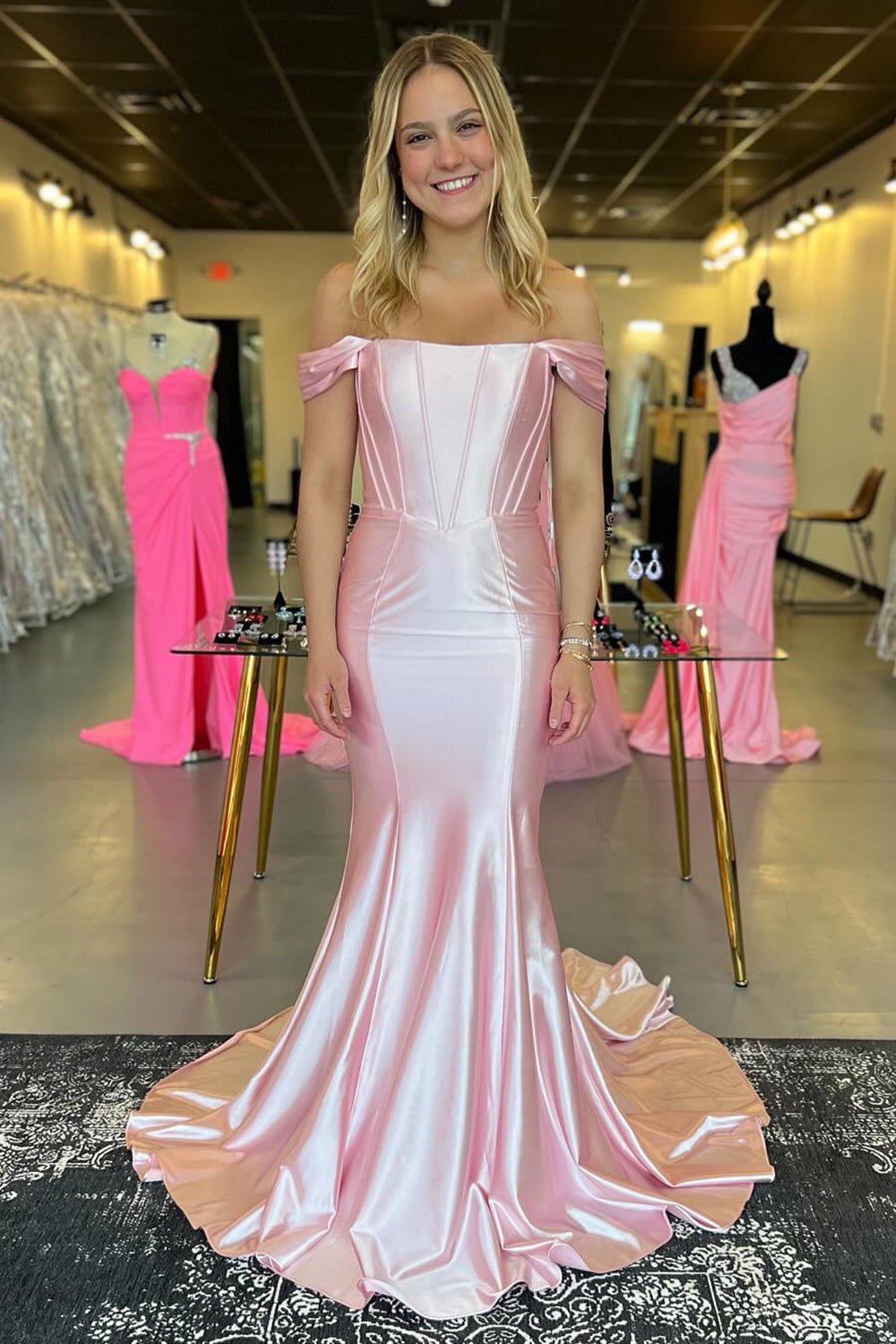 Satin Mermaid Corset Prom Dress in Light Pink with Off-Shoulder Design