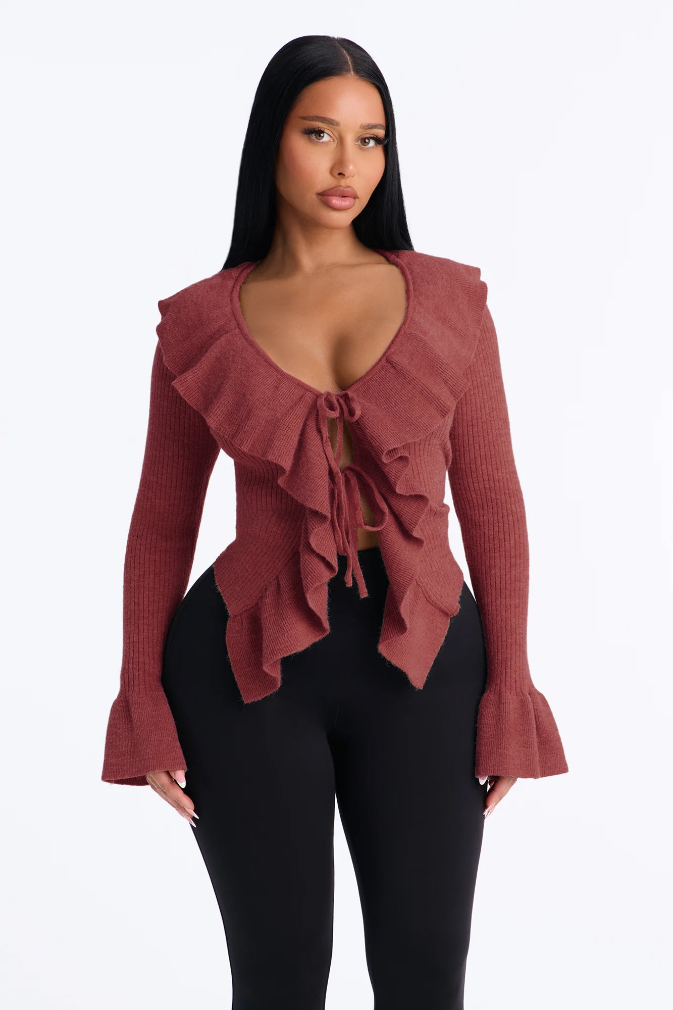 Jasmyn Flyaway Ruffle Cardigan Sweater - Mauve