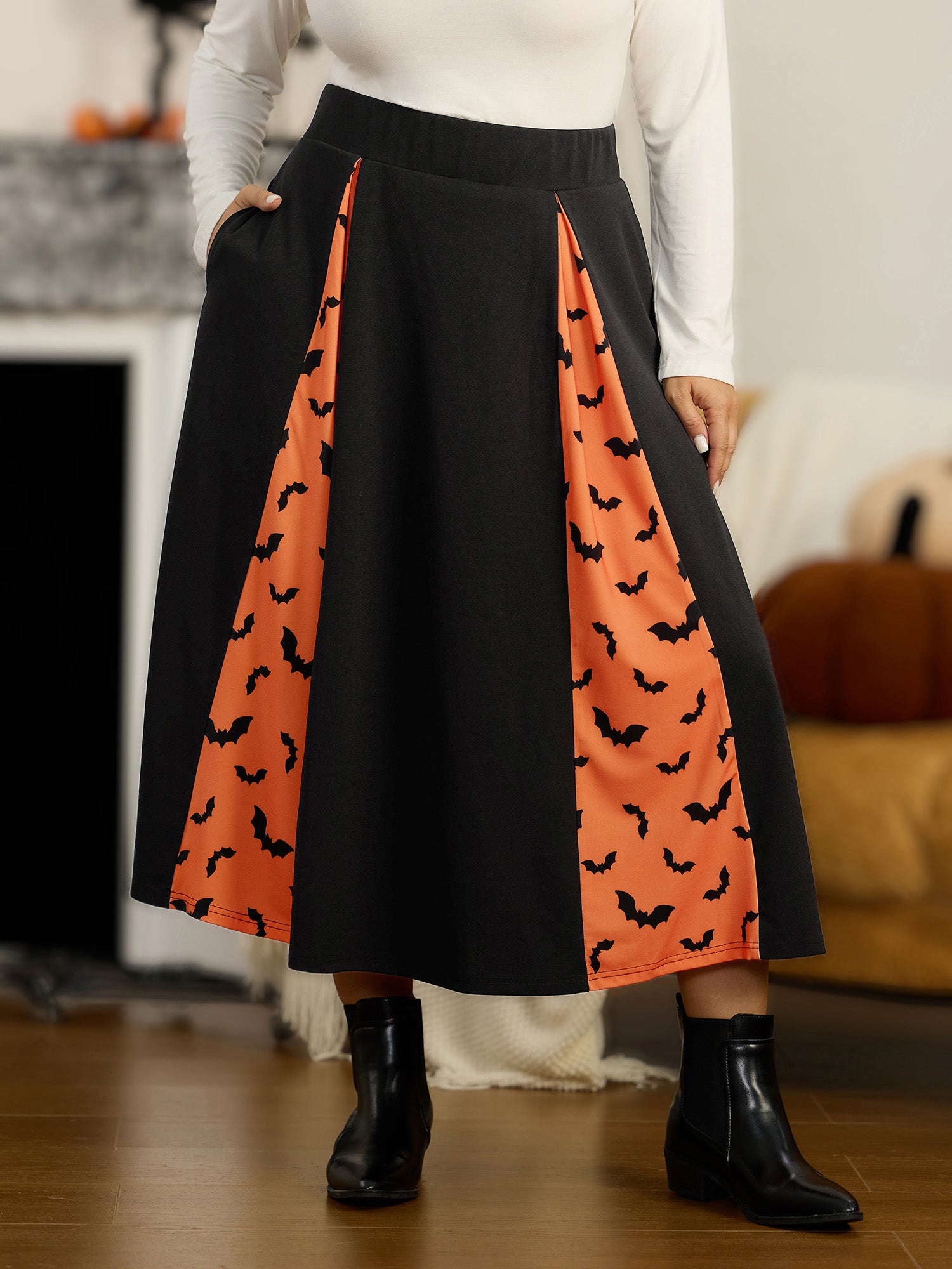 Halloween Bat Print Colorblock Pleated Midi Skirt