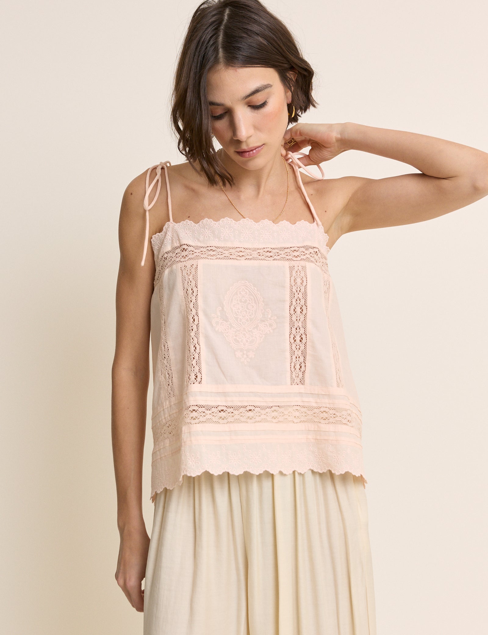 Peach Broderie Anglaise Tie Back Cami