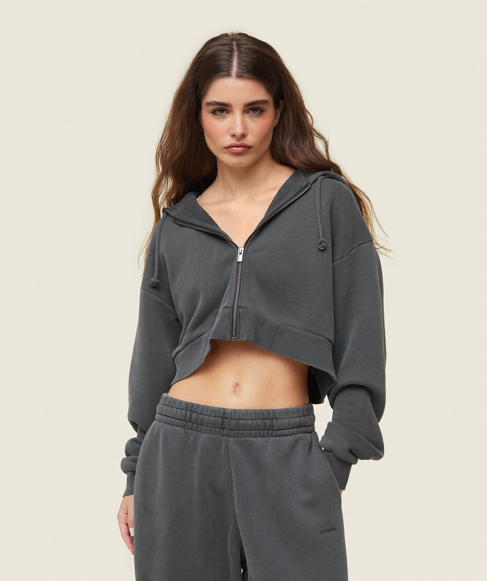 Gymshark Comfort Cropped Full Zip Hoodie - Black/Pigment Garment Dye + Wash