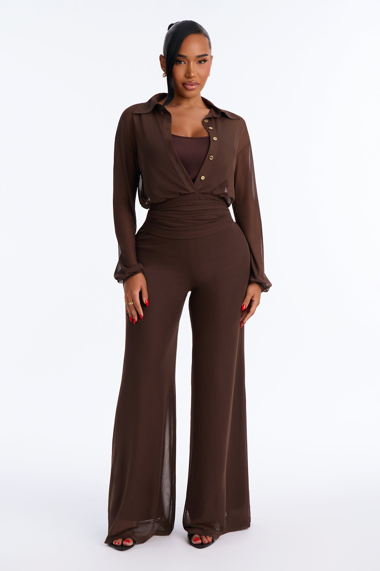 Chloe Mesh Pant Set - Brown