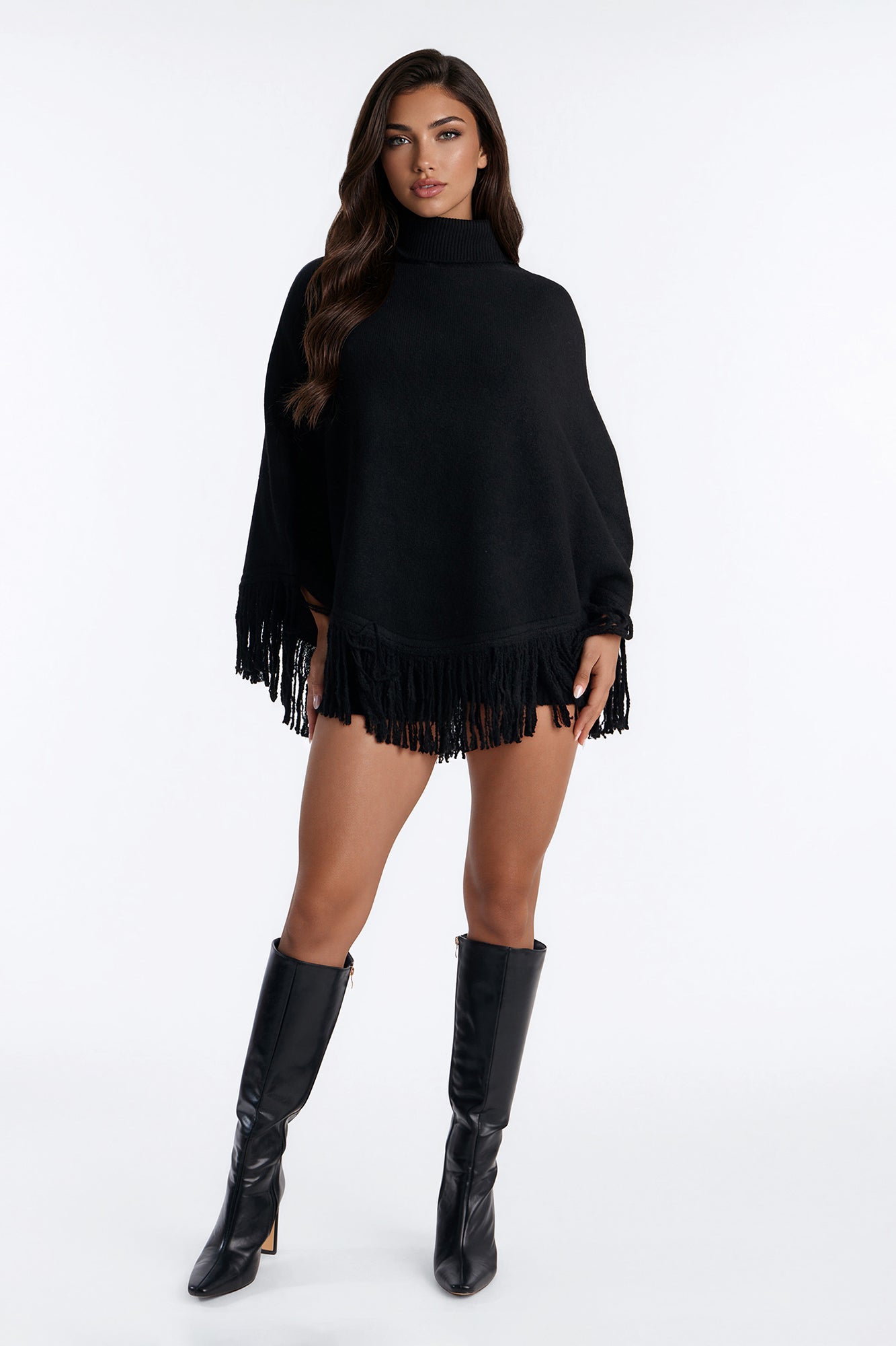Amaya Poncho Sweater Short Set - Black